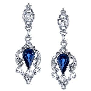 Blue Pear Shaped Drop Earrings crystals ornate filigree Silver-Tone Belle Epoch